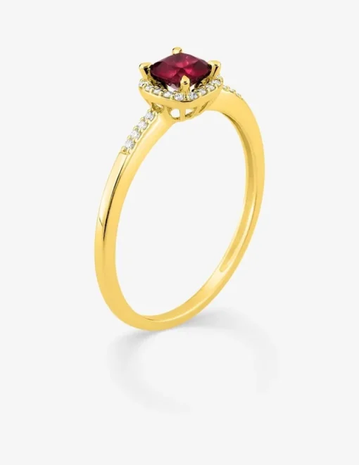 Bague en or jaune 375 ‰ avec rubis et diamants synthétiques 0,08 ct SO OR