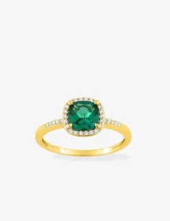 Bague en or jaune 375 ‰ avec émeraude et diamants synthétiques 0,12 ct SO OR