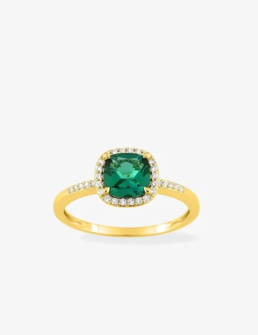 Bague en or jaune 375 ‰ avec émeraude et diamants synthétiques 0,12 ct SO OR