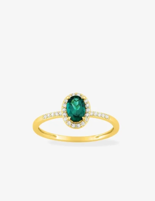 Bague en or jaune 375 ‰, émeraude et diamants synthétiques 0,11 ct SO OR