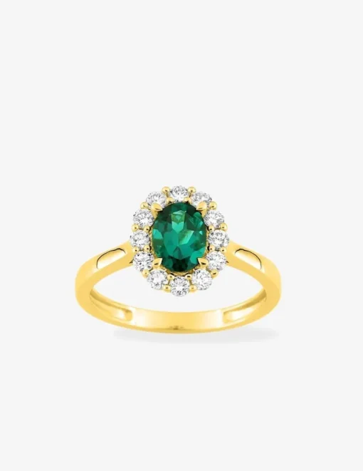 Bague en or jaune 375 ‰, émeraude et diamants synthétiques 0,40 ct SO OR