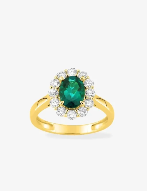 Bague en or jaune 375 ‰, émeraude et diamants synthétiques 0,65 ct SO OR