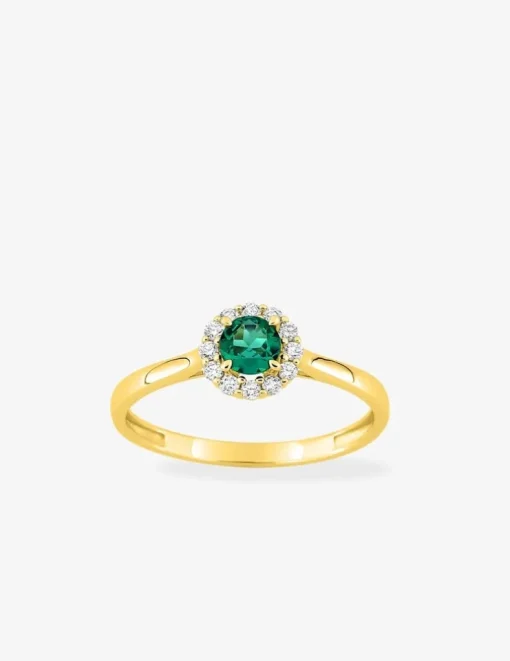 Bague en or jaune 375 ‰, émeraude et diamants synthétiques 0,13 ct SO OR