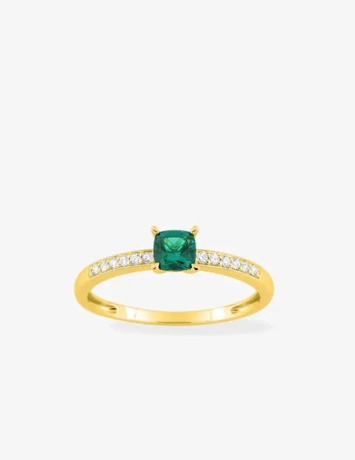 Bague en or jaune 375 ‰, émeraude et diamants synthétiques 0,08 ct SO OR