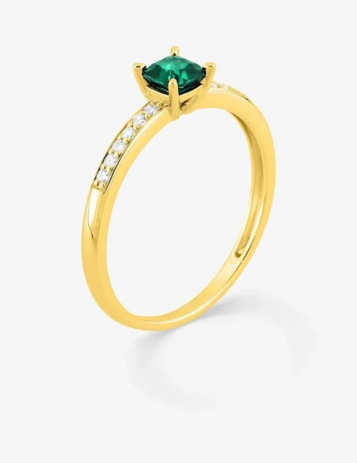 Bague en or jaune 375 ‰, émeraude et diamants synthétiques 0,08 ct SO OR
