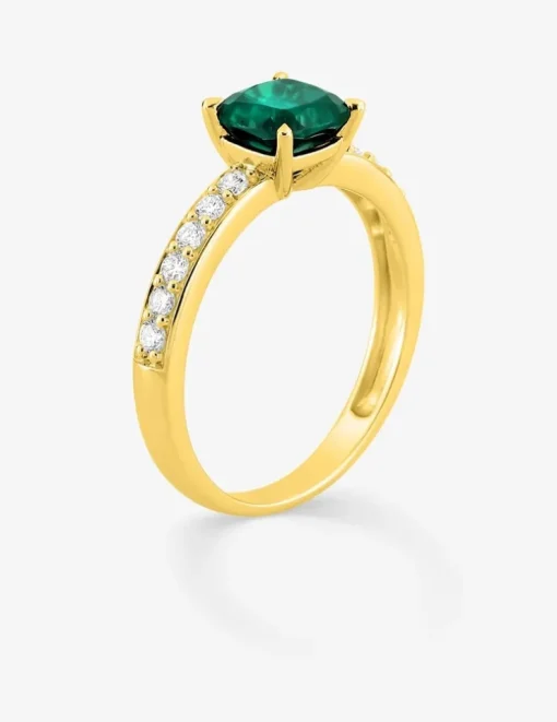Bague en or jaune 375 ‰, émeraude et diamants synthétiques 0,26 ct SO OR