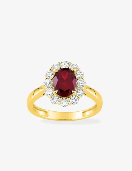 Bague en or jaune 375 ‰, rubis et diamants synthétiques 0,65 ct SO OR