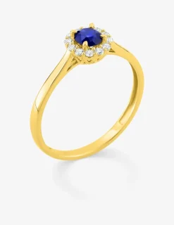 Bague en or jaune 375 ‰, saphir et diamants synthétiques 0,13 ct SO OR