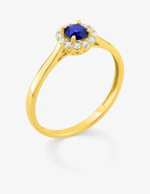 Bague en or jaune 375 ‰, saphir et diamants synthétiques 0,13 ct SO OR