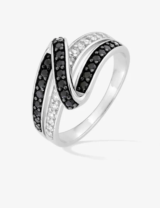 Bague entrelacée argent rhodié 925 ‰ et oxyde de zirconium blanc et noir SO OR