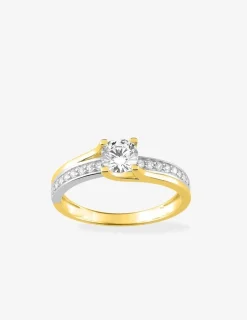 Bague fantaisie solitaire accompagné or jaune 750 ‰, rhodium et pavage oxyde de zirconium SO OR