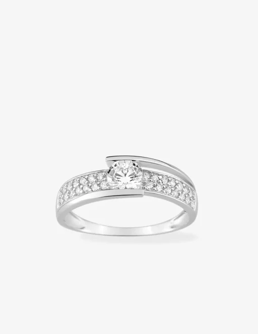 Bague fantaisie solitaire accompagné or blanc 750 ‰ et pavage d'oxydes de zirconium SO OR