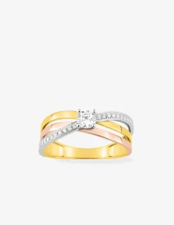 Bague fantaisie solitaire accompagné 3 ors 750 ‰ avec pavage d'oxydes de zirconium SO OR