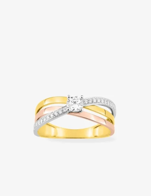 Bague fantaisie solitaire accompagné 3 ors 750 ‰ avec pavage d'oxydes de zirconium SO OR