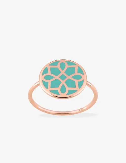 Bague Harmonie Or rose 375‰ et jeton laque verte aqua SO OR