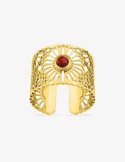 Bague large acier doré et rubis synthétique SO OR