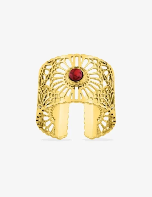 Bague large acier doré et rubis synthétique SO OR
