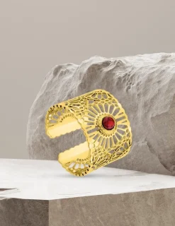 Bague large acier doré et rubis synthétique SO OR