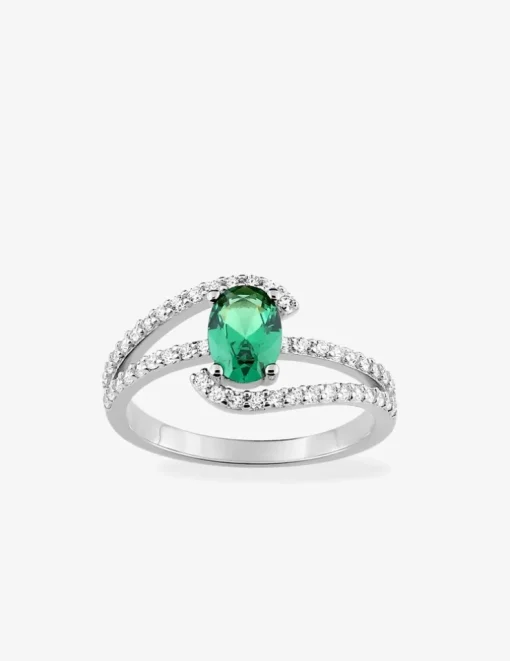 Bague monture ondulée argent 925‰ rhodié et oxyde de zirconium vert SO OR