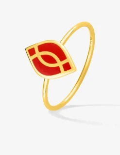 Bague Ondine Or jaune 375‰ et motif laque corail SO OR