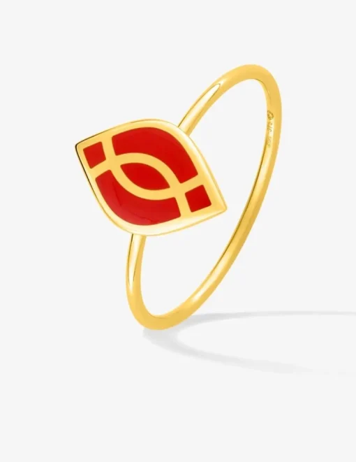 Bague Ondine Or jaune 375‰ et motif laque corail SO OR