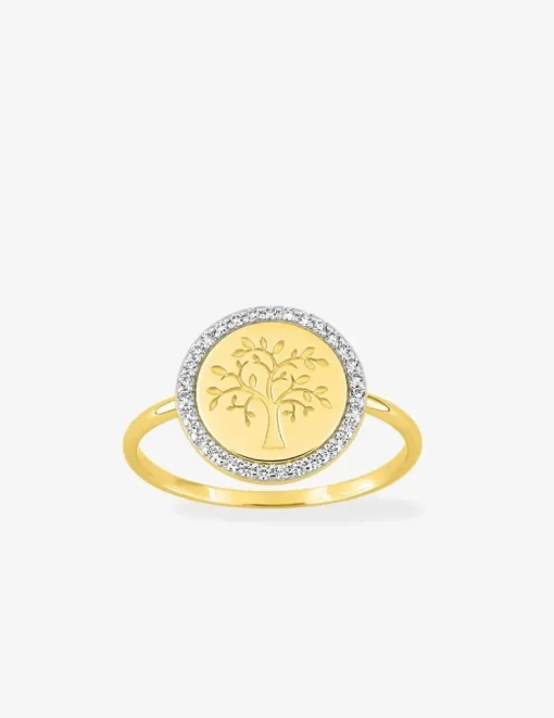 Bague or 375 ‰ jaune et rhodium avec jeton arbre de vie et oxydes de zirconium SO OR
