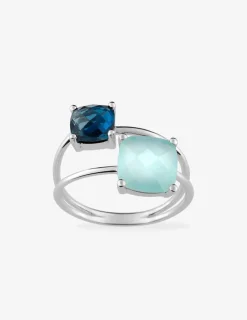 Bague or blanc 750 ‰ topaze bleue et calcédoine verte SO OR