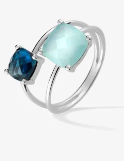 Bague or blanc 750 ‰ topaze bleue et calcédoine verte SO OR