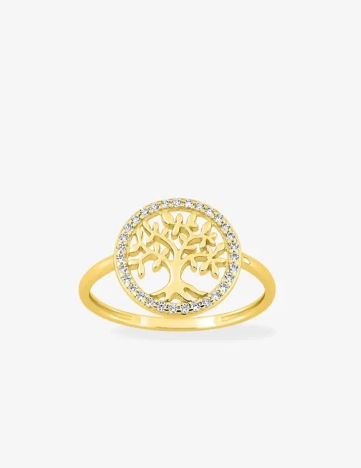 Bague or jaune 375 ‰, oxydes de zirconium et rhodium avec motif "arbre de vie" SO OR