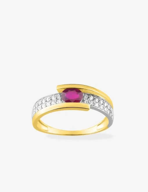 Bague or jaune 750 ‰ rubis, rhodium et oxyde de zirconium SO OR