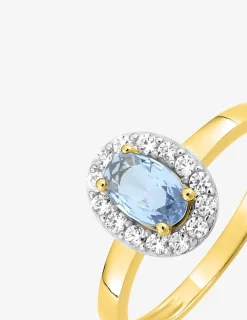 Bague or jaune 375‰ solitaire aigue-marine avec entourage oxyde fantaisie SO OR