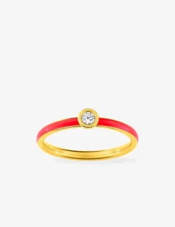 Bague Promesse Or jaune 375‰, laque corail et oxyde de zirconium SO OR