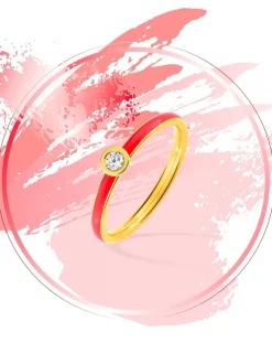 Bague Promesse Or jaune 375‰, laque corail et oxyde de zirconium SO OR