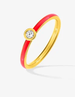 Bague Promesse Or jaune 375‰, laque corail et oxyde de zirconium SO OR