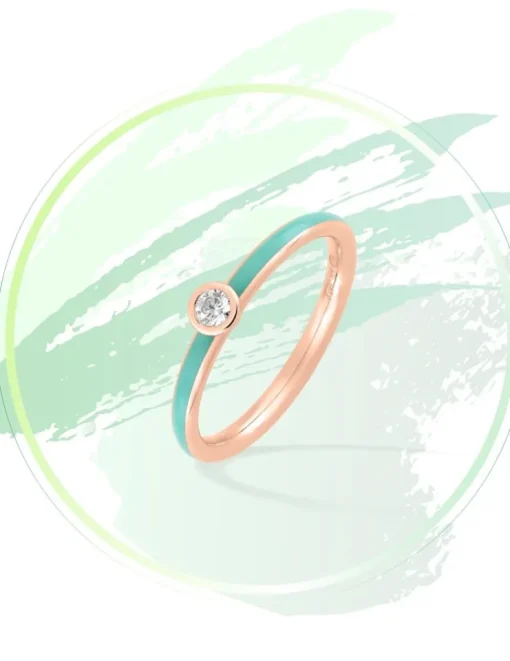 Bague Promesse Or rose 375‰, laque verte aqua et oxyde de zirconium SO OR