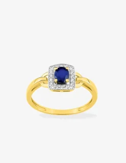 Bague rectangle or jaune 375‰, rhodium, saphir et oxydes de zirconium SO OR