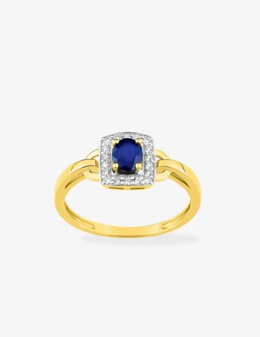 Bague rectangle or jaune 375‰, rhodium, saphir et oxydes de zirconium SO OR