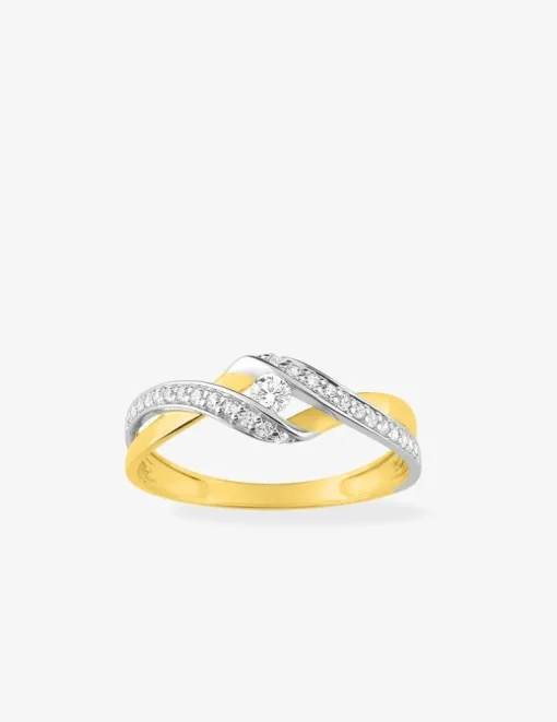Bague solitaire accompagné or jaune 375 ‰, oxydes de zirconium et rhodium SO OR