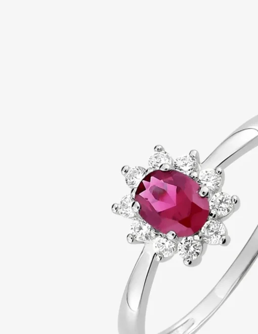 Bague solitaire accompagnée fleur argent rhodié 925 ‰ et oxyde de zirconium rouge SO OR