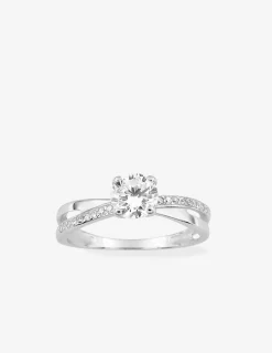 Bague solitaire accompagnée fantaisie argent rhodié 925 ‰ et oxyde de zirconium 6 mm SO OR