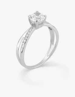 Bague solitaire accompagnée fantaisie argent rhodié 925 ‰ et oxyde de zirconium 6 mm SO OR