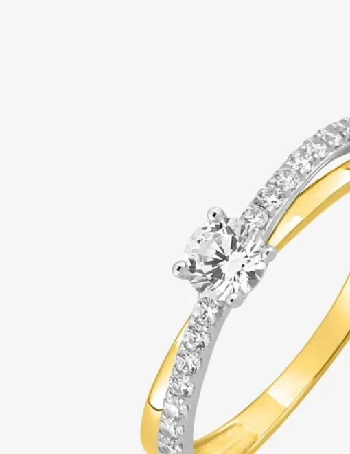 Bague solitaire accompagné bicolore or 375 ‰, oxydes de zirconium, rhodium SO OR