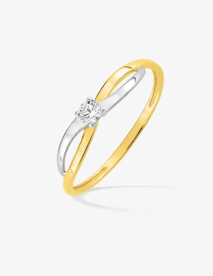 Bague solitaire bicolore 375 ‰ et oxyde de zirconium et rhodium SO OR
