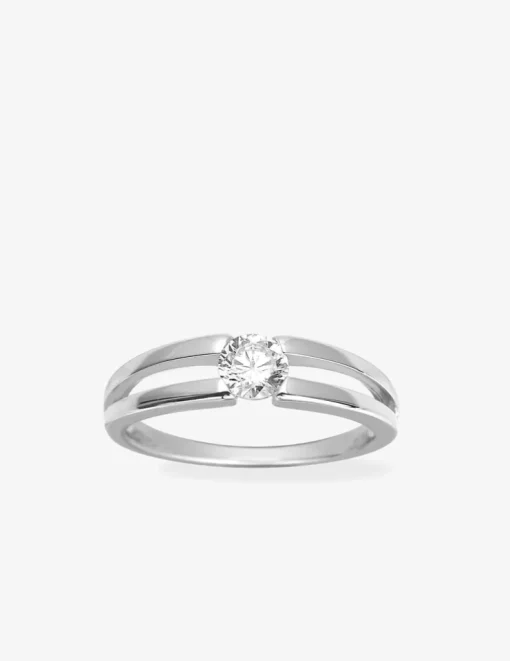 Bague solitaire double pince argent rhodié 925 ‰ et oxyde de zirconium 5 mm SO OR