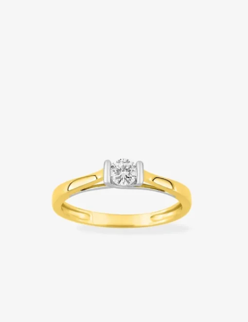Bague solitaire or blanc et jaune 375 ‰ et diamants synthétiques 0,20 ct SO OR
