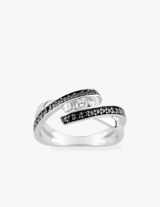 Bague trilogie argent rhodié 925 ‰ et oxyde de zirconium blanc et noir SO OR