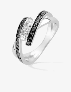 Bague trilogie argent rhodié 925 ‰ et oxyde de zirconium blanc et noir SO OR