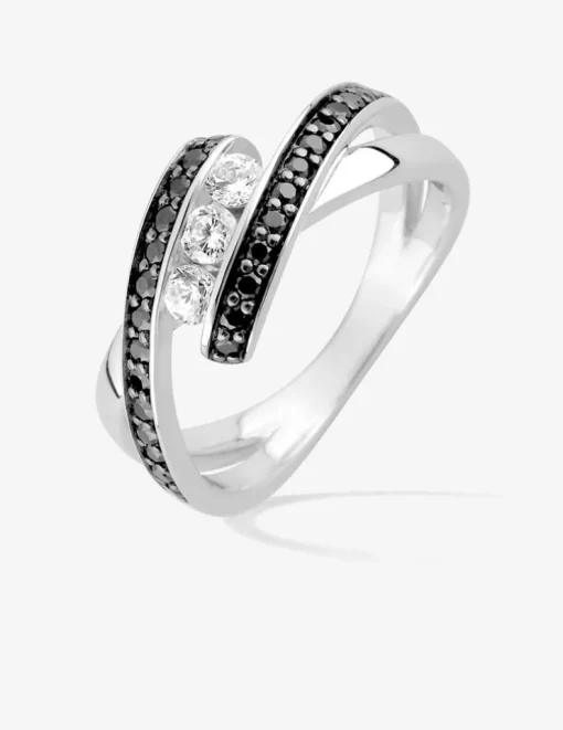 Bague trilogie argent rhodié 925 ‰ et oxyde de zirconium blanc et noir SO OR