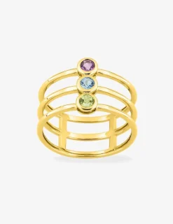 Bague trilogie en or jaune 375 ‰, améthyste, péridot et topaze bleue SO OR