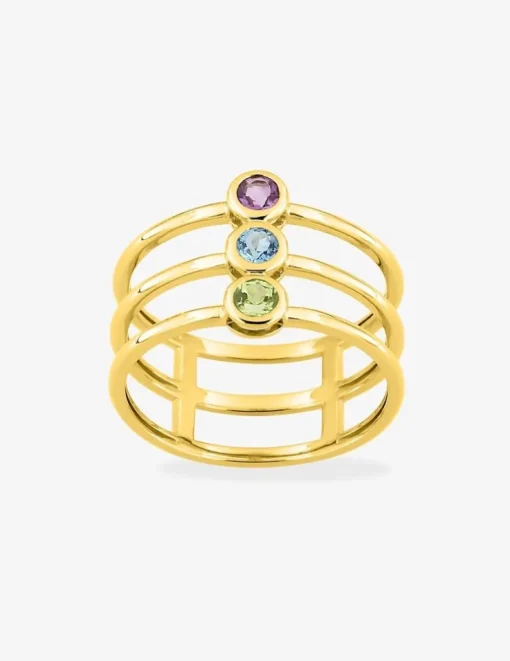 Bague trilogie en or jaune 375 ‰, améthyste, péridot et topaze bleue SO OR